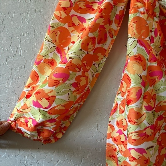 Cider Orange Floral Long Puff Sleeve Tie Front Mini Dress Resort Vacation Size S - Picture 7 of 12